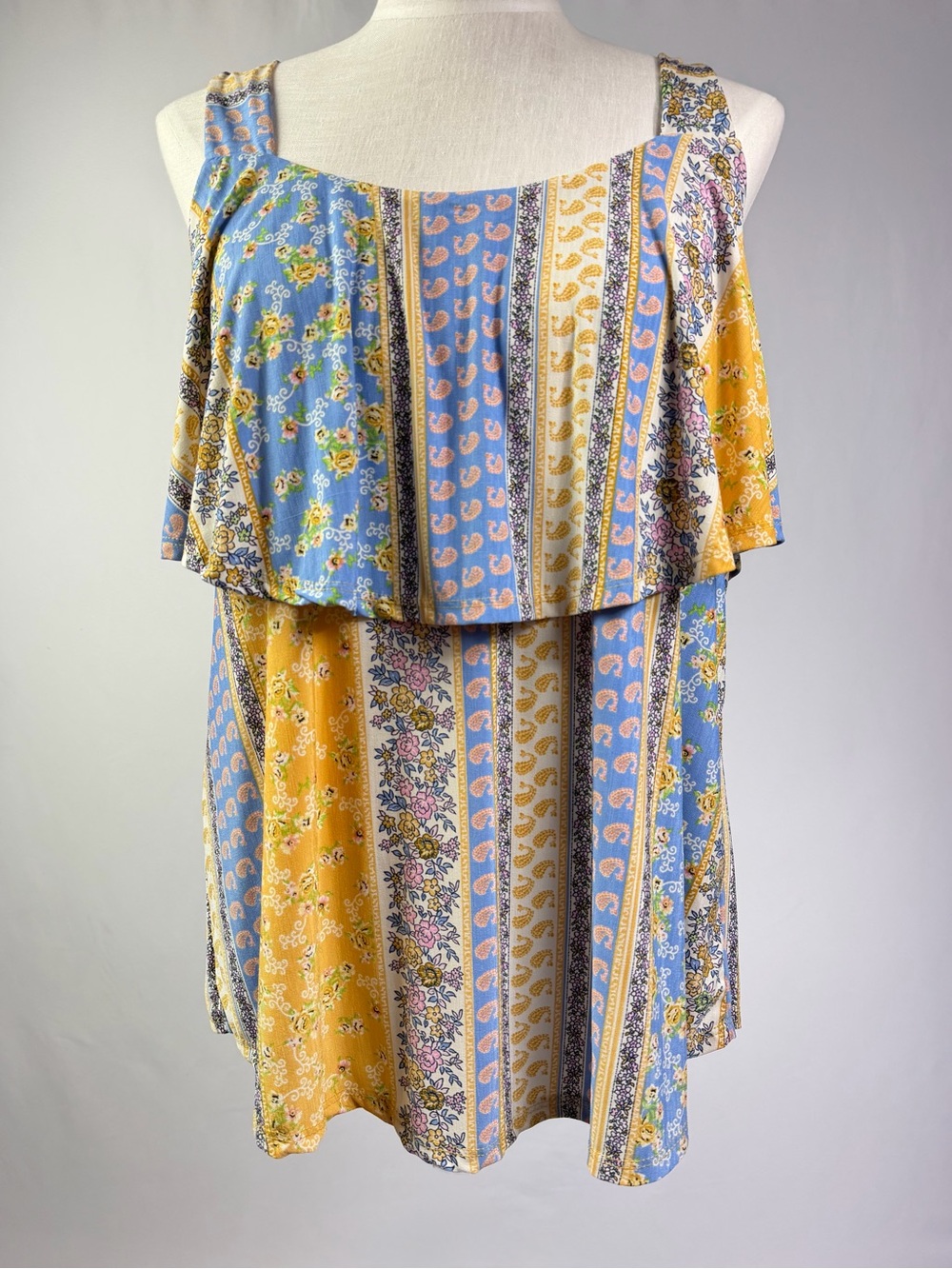 Sew In Love Blue and Mustard Floral Striped Tank Top